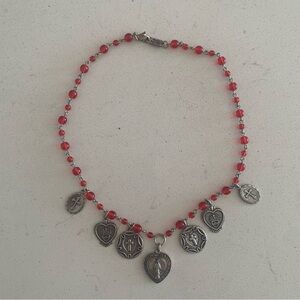 Classic Hardwear Red Beaded Necklace With Heart Shape Religious Charms